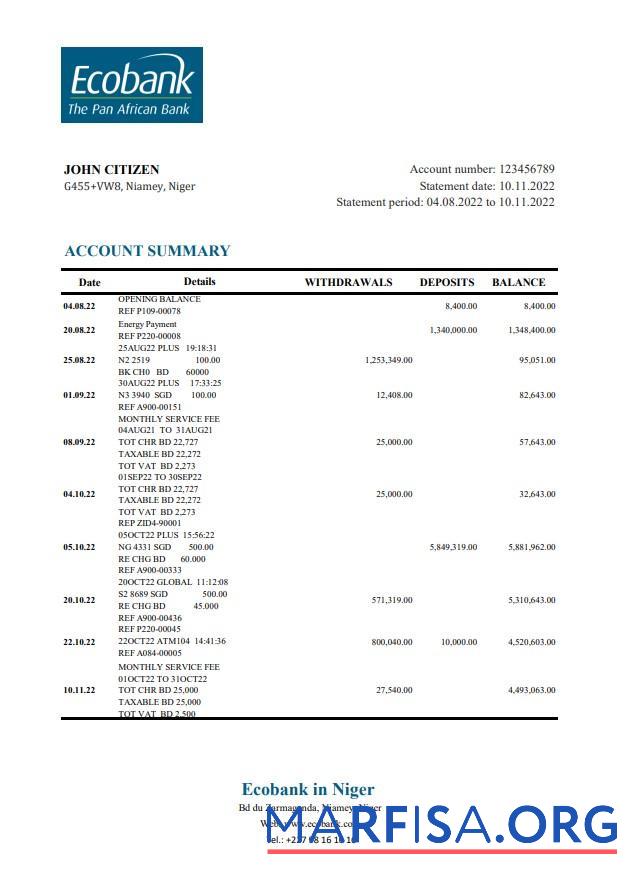 Realistic Niger Ecobank bank statement excel example